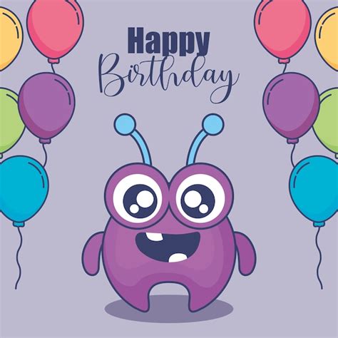 Premium Vector Cute Monster With Balloons Helium Birthday Card