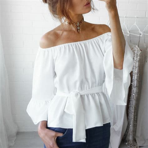 Off Shoulder Elegant White Blouse Shirt Women Short Sleeve Ruffles Summer Blouses Tops Belt