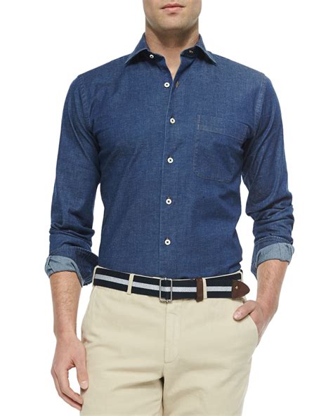 Lyst Peter Millar Washed Button Down Denim Shirt In Blue For Men