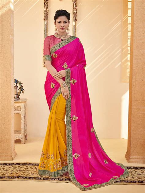 Pink Poly Silk Embroidered Two Tone Designer Saree Indian Women Fashions Pvt Ltd 3109611