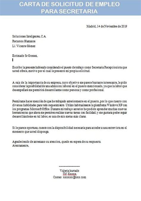 Carta De Solicitud De Empleo Para Secretaria Ejemplo Y Modelo