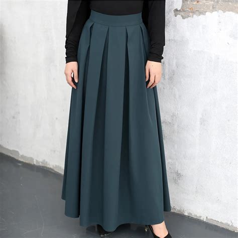 elegant women pleated long skirt muslim high waist solid color maxi skirts ramdan flare skater