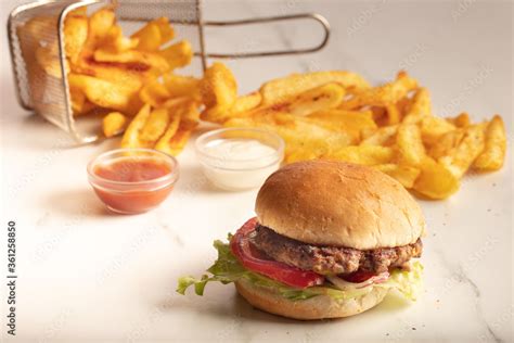Still Life With Fast Food Hamburger Menu French Fries And Ketchupjunk