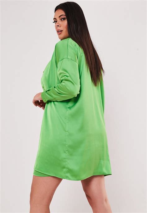 Plus Size Lime Co Ord Satin Shirt Dress Missguided
