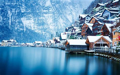 Wallpaper Hallstatt Beautiful Winter Snow Houses Lake Austria