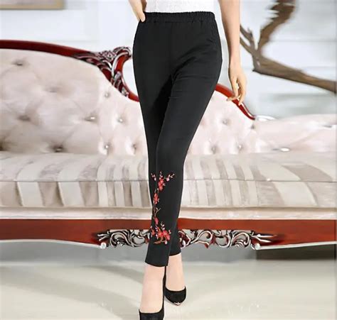 New Womens Feet Pants Cotton Leggings Embroidered Trousers Stretch Slim Pants In Leggings From