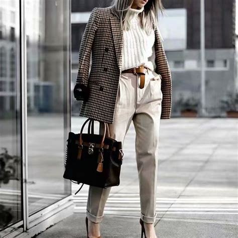 Double Breasted Khaki Lapel Collar Checkered Blazer Suit Womens Blazer Outfits Casual Plaid