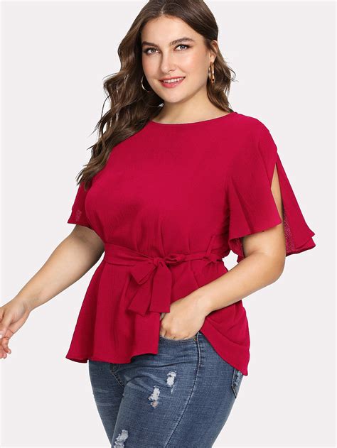 Plus Split Sleeve Belted Detail Top Plus Size Tops Tops Clothes