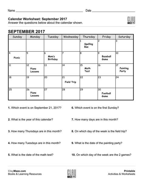 This Worksheet Features A Calendar With Events Posted On Different Dates Following That Are