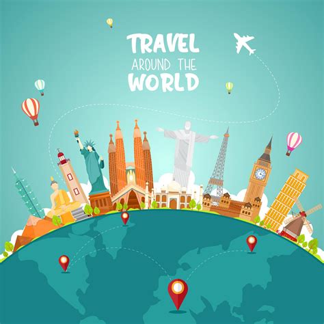 Travel Around The World Concept With Landmarks On Globe 1419966 Vector