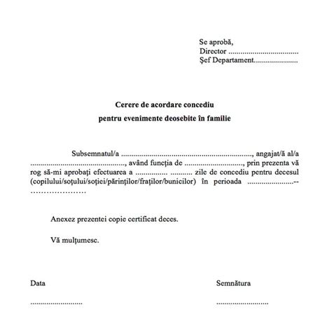 Model cerere de concediu evenimente deosebite - Casatorie - Deces