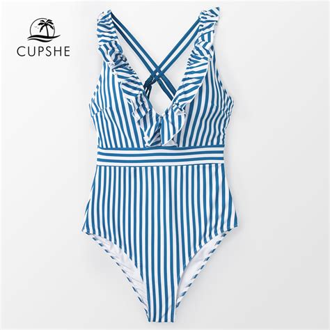Cupshe Blue And White Stripe Ruffled One Piece Swimsuit Women Sweet