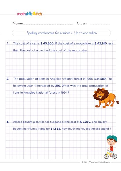 Word Problems With Whole Numbers Worksheets