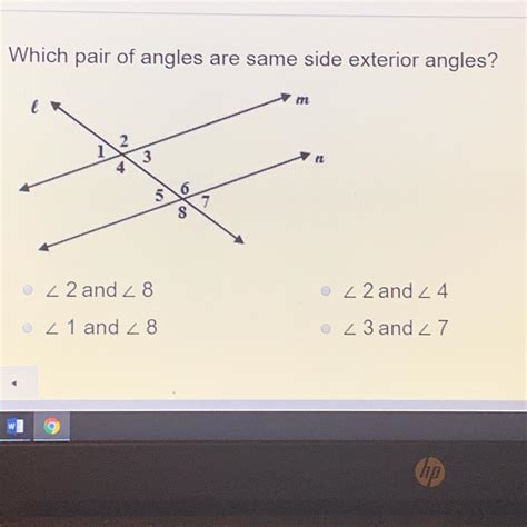 Which Pair Of Angles Are Same Side Exterior Angles 2 And 8 1 And 8 2