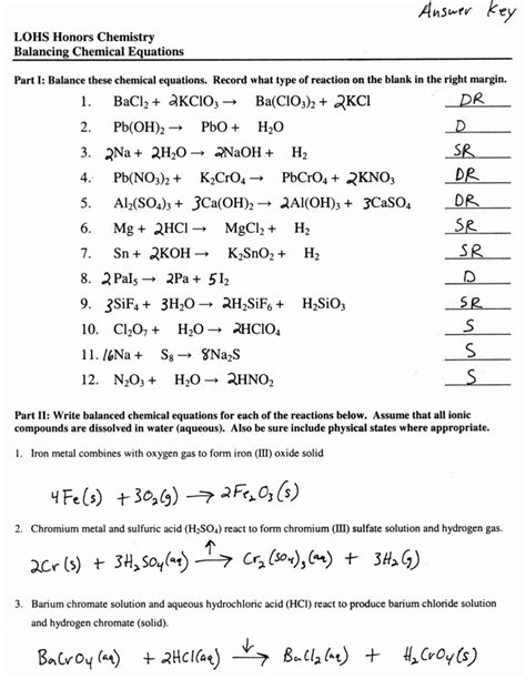Balancing Equations And Types Of Reactions Worlsheet Key Types Of