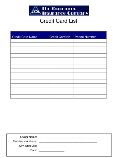 Check spelling or type a new query. Credit Card List Template - the Commerce Insurance Company Download Printable PDF | Templateroller