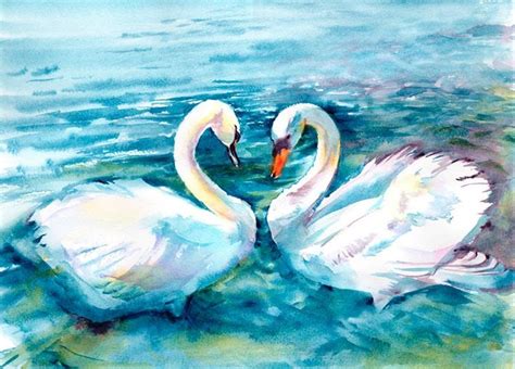 Swan Painting Swans In Love Original Watercolour Painting Heart