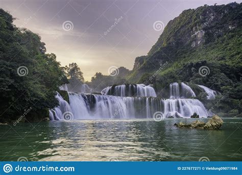 Ban Gioc Detian Waterfall On China And Vietnam Border Aerial View Stock