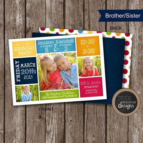 Joint Sibling Birthday Party Invitations Custom Printable Front