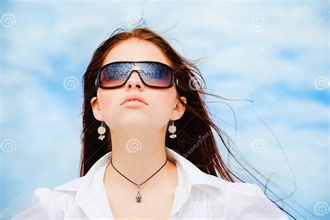 Young Pretty Girl In Sunglasses Stock Image Image Of Space Clouds