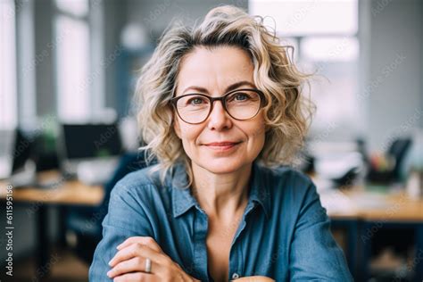 Beautiful Middle Aged Financial Business Woman Wearing Glasses With Gray Hair In A Blue Blouse