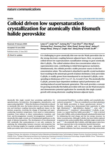 PDF Colloid Driven Low Supersaturation Crystallization For Atomically Thin Bismuth Halide