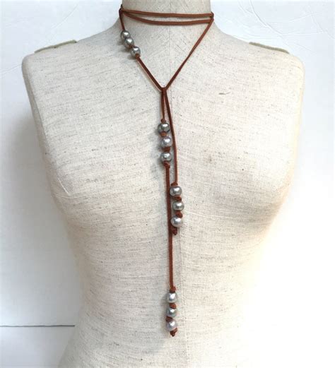 Gray Pearl And Leather Lariat Silver Pearl And Leather Etsy