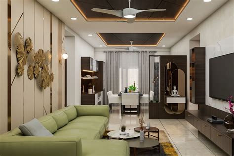 Compact Living Room Design With Cream Wall Panels And Golden Inlays
