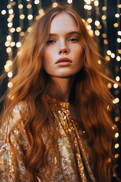 Premium Ai Image A Woman With Long Red Hair Stands In Front Of A Gold