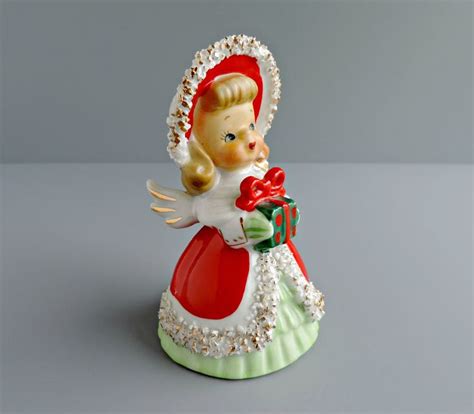 Vintage Lefton Christmas Angel Figurine Bell Shopper Girl In Red With