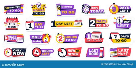 Countdown Timer Badges. Minutes Clock, Hours Tag and Days To Go, Time