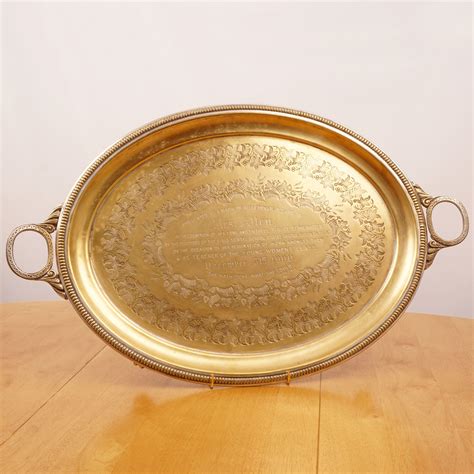 Antique Large Oval Serving Tray With Handles Vintage Solid Brass