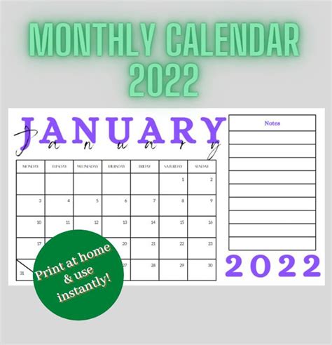 Monthly Calendar 2022 Printable Simple Purple Classic Etsy