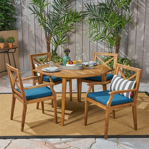 Oakley Outdoor 5 Piece Acacia Wood Round Dining Set With Cushions Teak