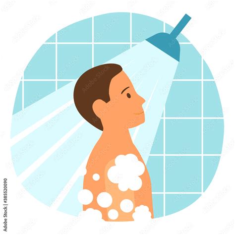 Man Taking Shower And Washing Hair In Bathroom Concept Vector