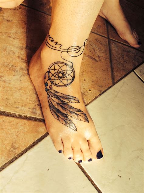 Dream Catcher Foot Tattoo With Script Ankle Band Foot Tattoos Foot Tattoos Girls Foot