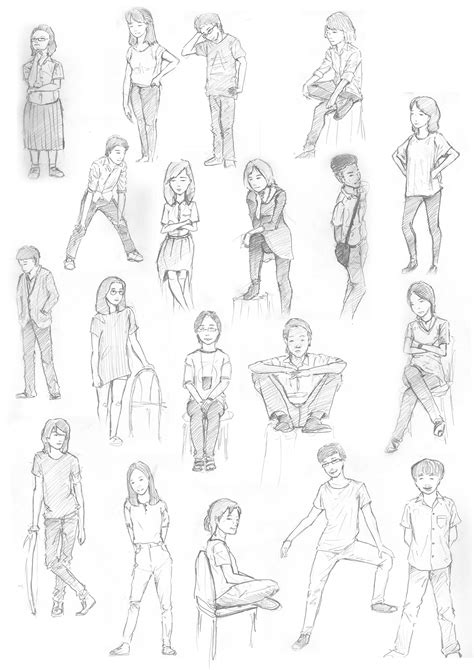 A Bunch Of Sketches Of People Standing And Sitting