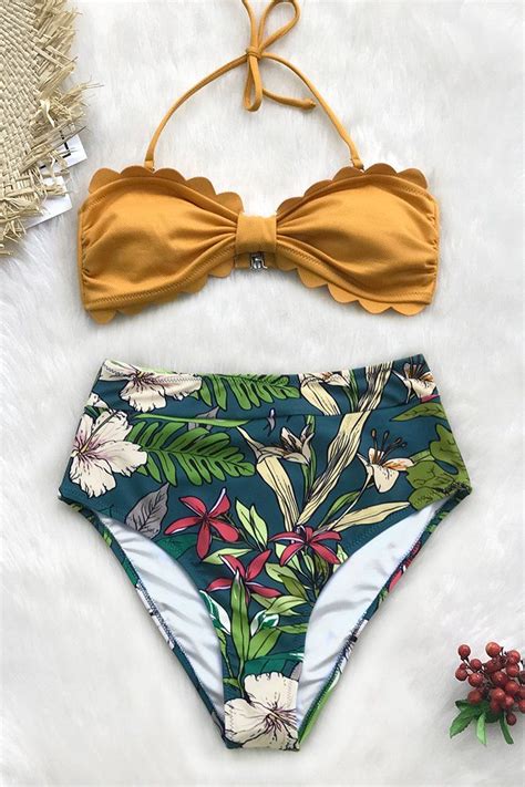Yellow And Floral Tropical Print High Waisted Bikini Bikini Set High