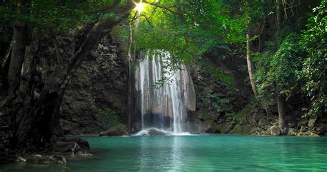 Scenic Nature Of Beautiful Waterfall And Emerald Pool Of