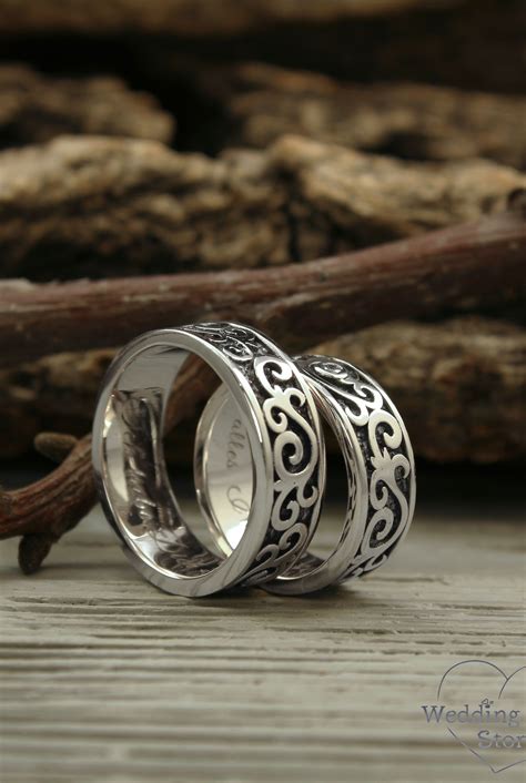 Wide Silver Vine Couple Rings Set With Diamond Vintage Style Etsy