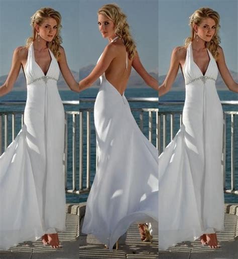 2015 White Chiffon Beach Wedding Dresses Halter Backless Fashionable