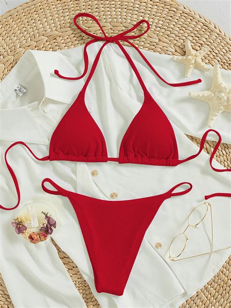 Shein Swim Basics Ribbed Bikini Set Tie Back Halter Triangle Bra