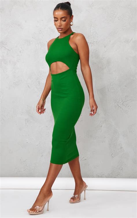 Dark Green Cut Out Racer Neck Rib Bodycon Dress Prettylittlething Ca