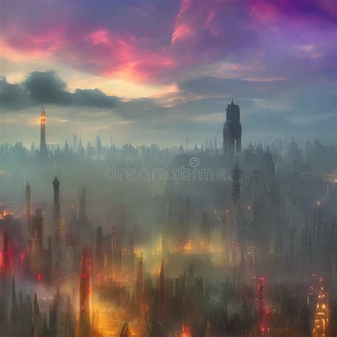 Abstract Fictional Scary Dark Wasteland City Background Lighted