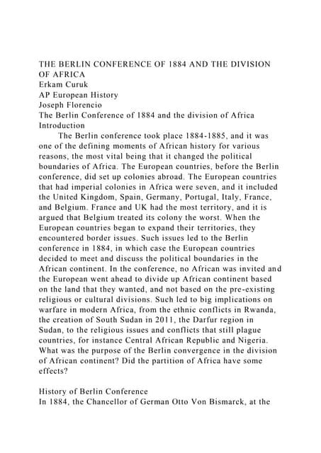 The Berlin Conference Of 1884 And The Division Of Africaerkam Cdocx