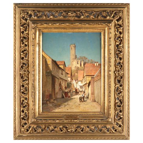 German 19th Century Antique Painting Of Village Street Scene By Robert
