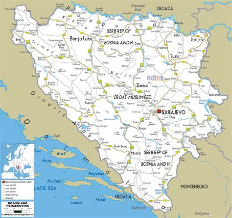 Detailed Roads Map Of Bosnia And Herzegovina With Cities And Airports