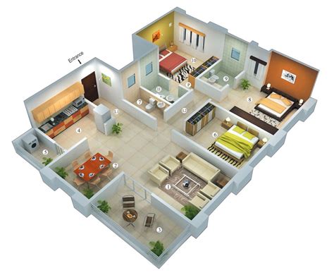 25 Planos Geniales en 3D para Distribución de Planta Three bedroom