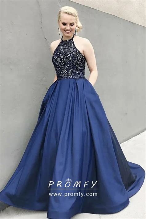 Trending Beaded Navy Blue Satin Puffy Prom Dress Promfy