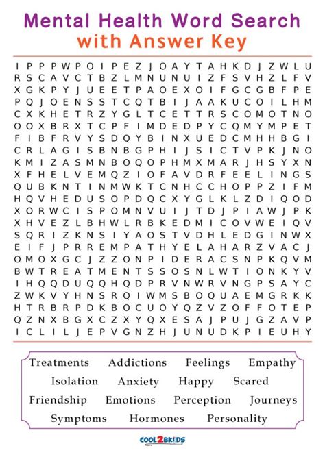 Printable Mental Health Word Search Cool2bkids